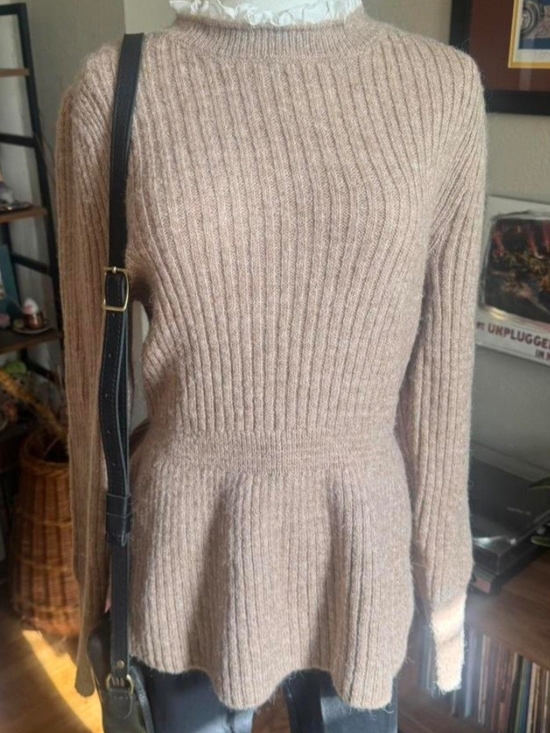Anthropologie Sweaters - Anthropologie Ribbed Peplum Sweater With Lace Detail in Light Taupe Size L